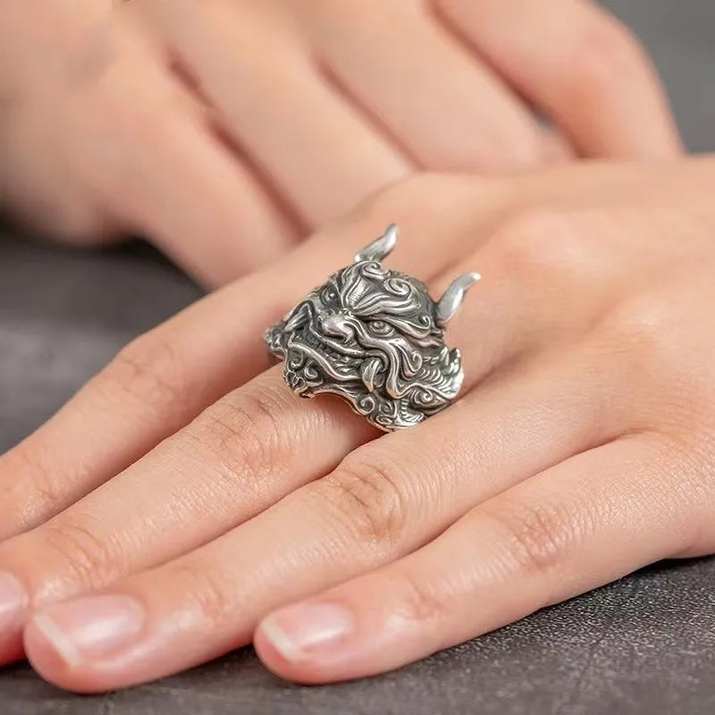 Retro Mahakala Mask Ring For Men Silver Color Punk Gothic Rock Hiphop Adjustable Open Ring Handmade Jewelry Biker Accessories